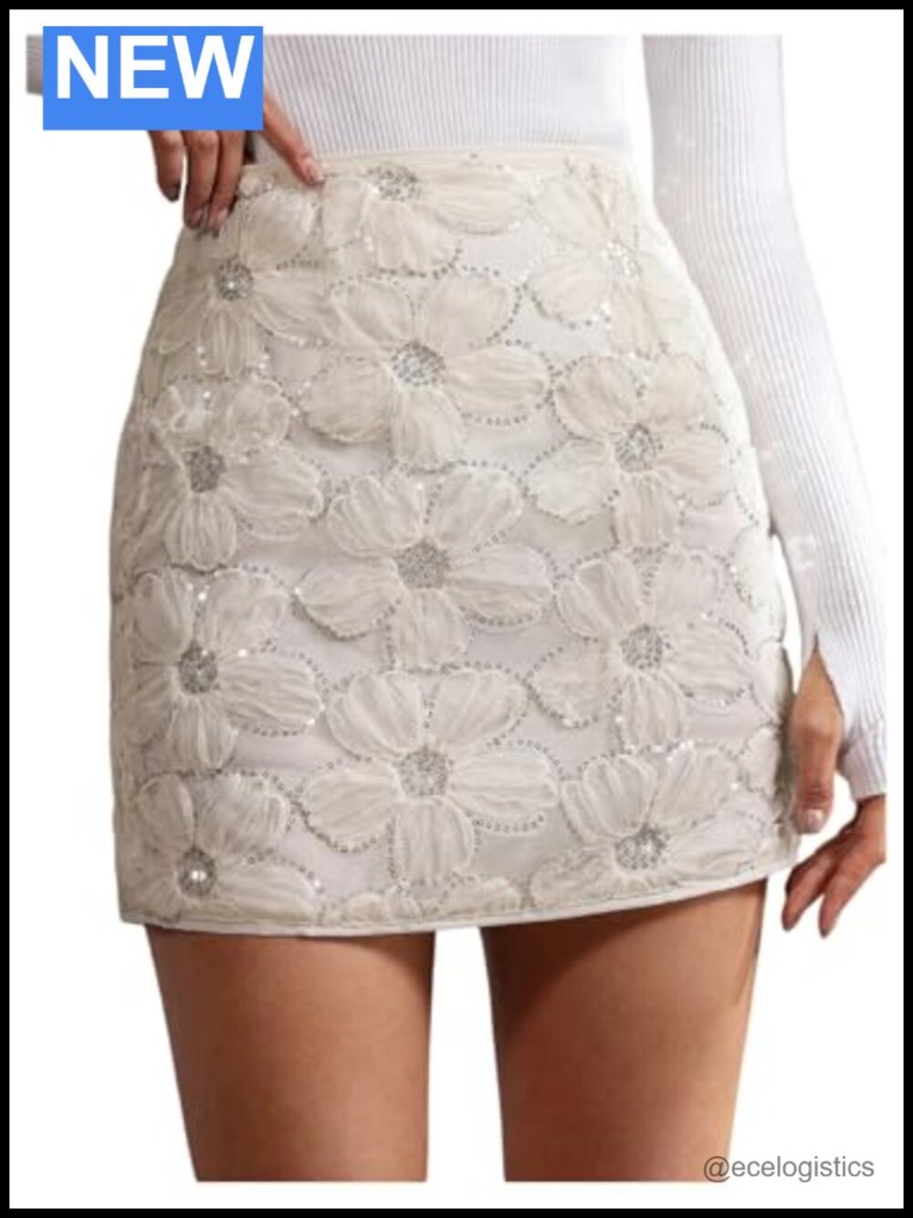 3D Floral Sequin Tulle Mini Skirt High Waisted Party